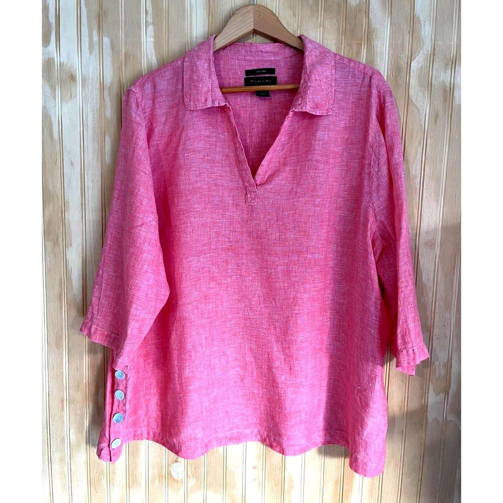 Tahari linen popover shirt beach tunic vacation summer resort wear women 3X